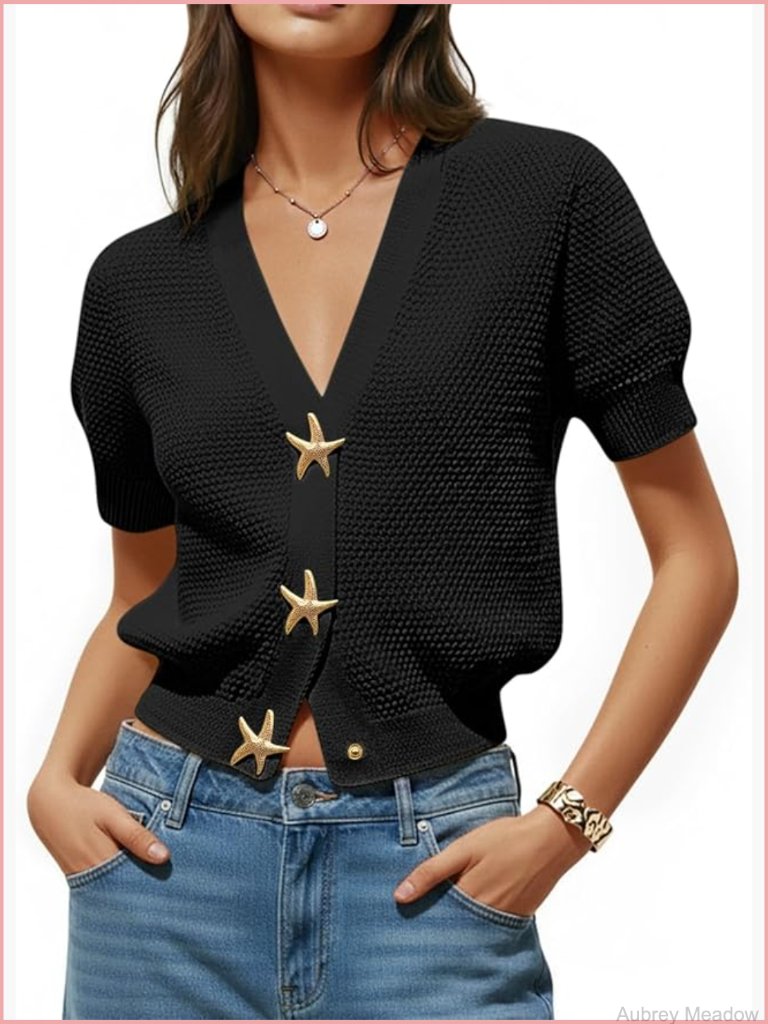 Womens V Neck Puff Short Sleeve Cardigan Button Down Knit Sweater Top